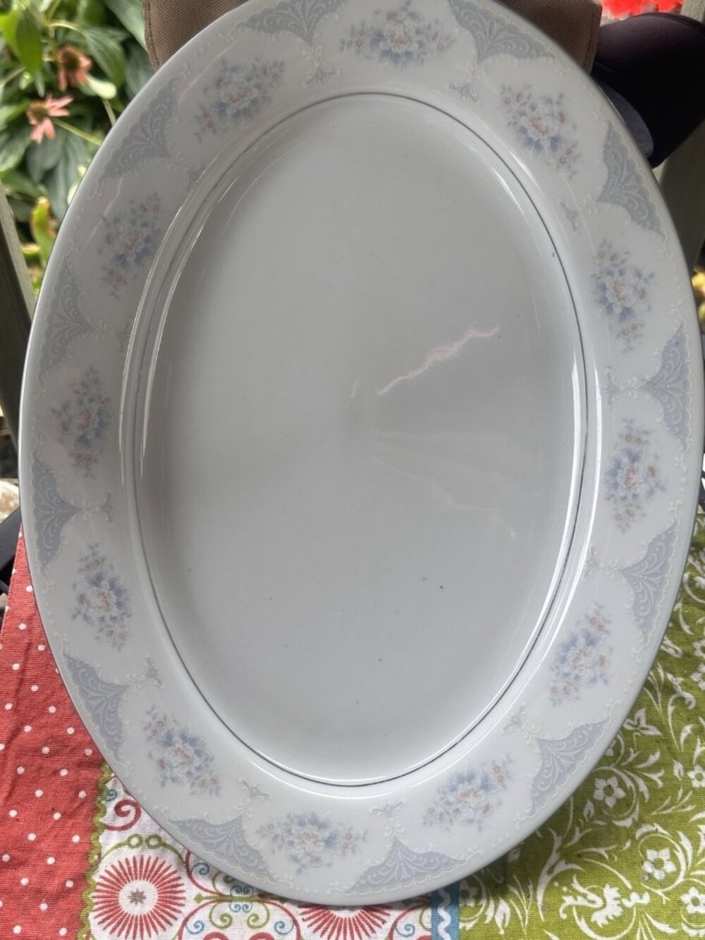 Silverie Fine China Sapphire Oval Serving Platter Floral Platinum Trim Vintage